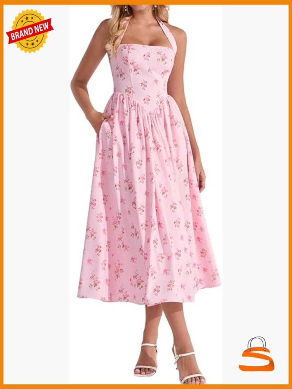 Women's Floral Halter Corset Midi Dress Elegant Smocked A-Line Wedding Guest